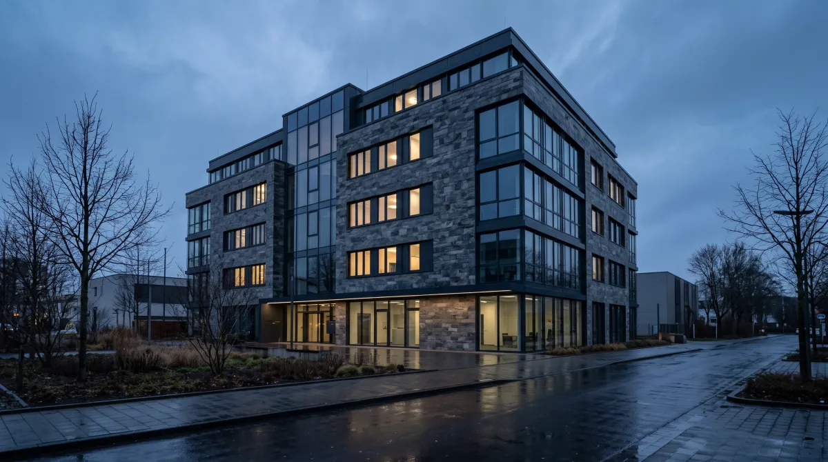 Bürogebäude mit gereinigten Glasflächen im Rheinland