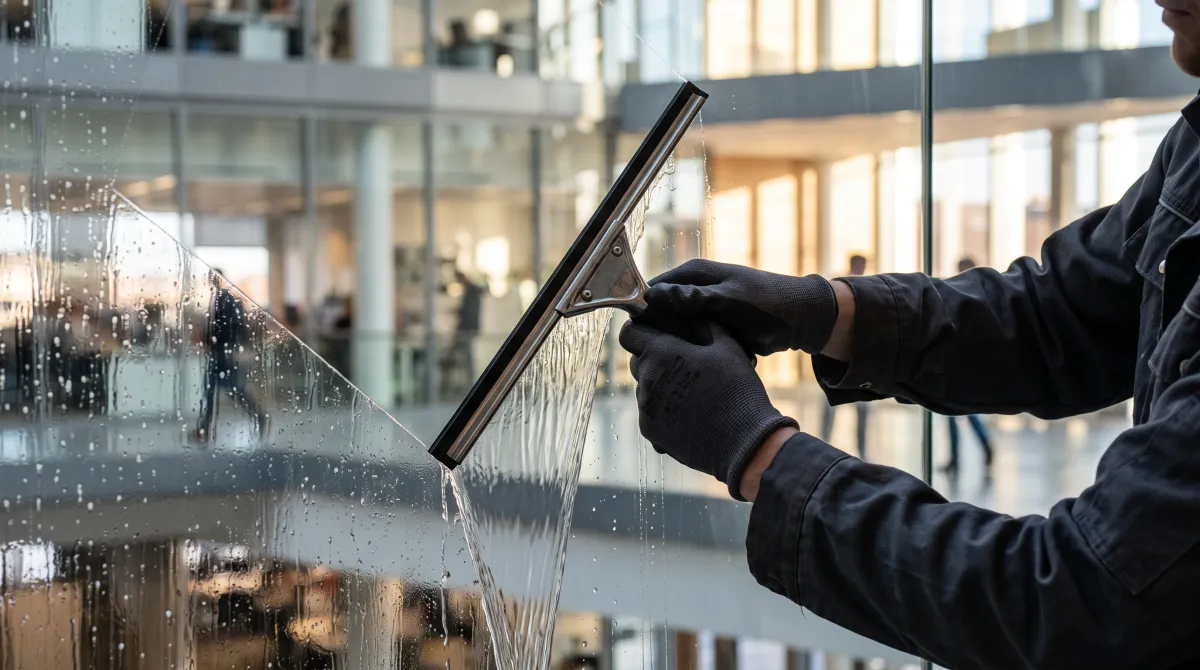 Fensterreinigung mit Abzieher an einer großen Glasfläche in Langenfeld
