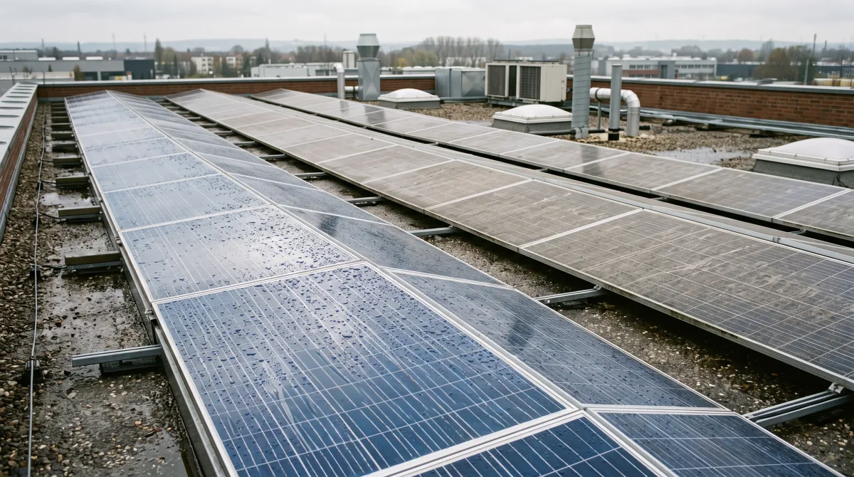 Frisch gereinigte Photovoltaik-Module auf einem Gewerbedach