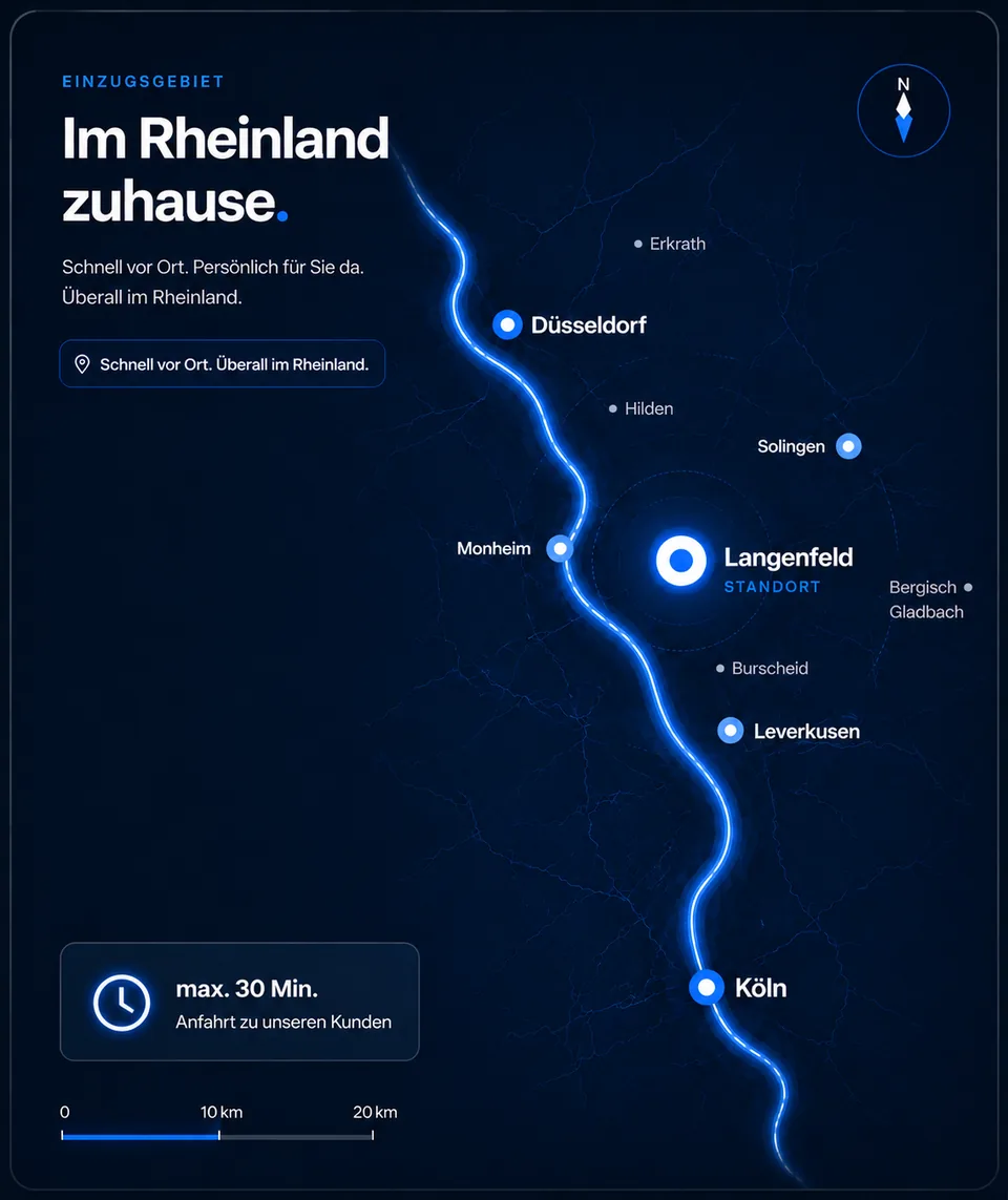 Einzugsgebiet Gebäudereinigung Rabe — Standort Langenfeld zwischen Düsseldorf, Solingen, Leverkusen und Köln, mit dem Rhein als Lebensader